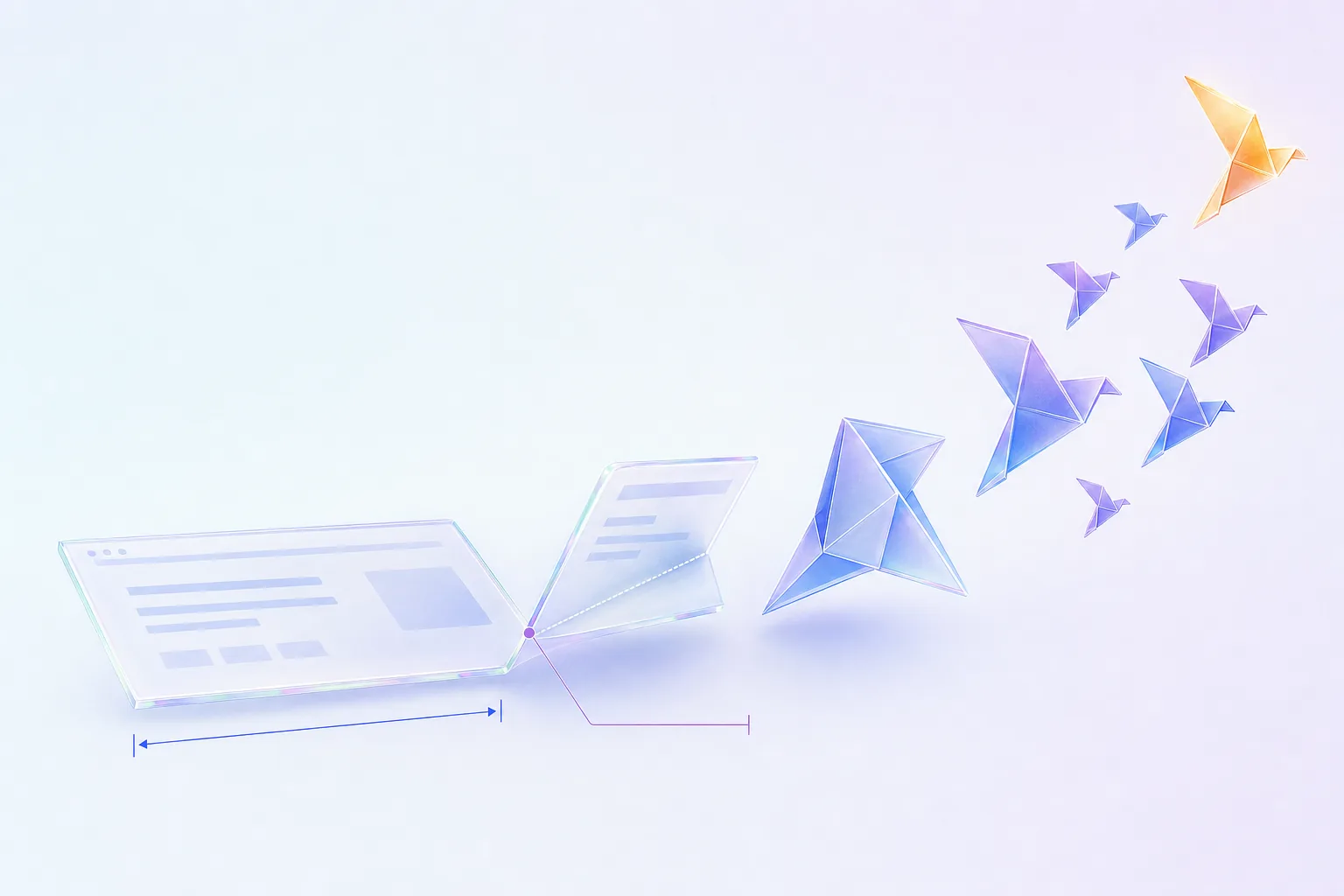 A flat frosted-glass page folding itself into a flock of paper birds flying up and to the right, the leading bird amber