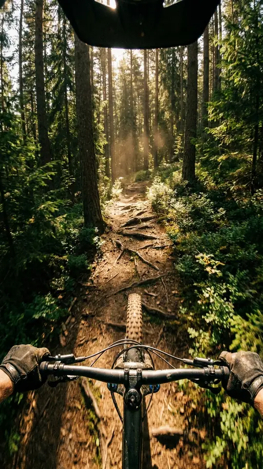 The view over the handlebars on a steep rooty climb through pines